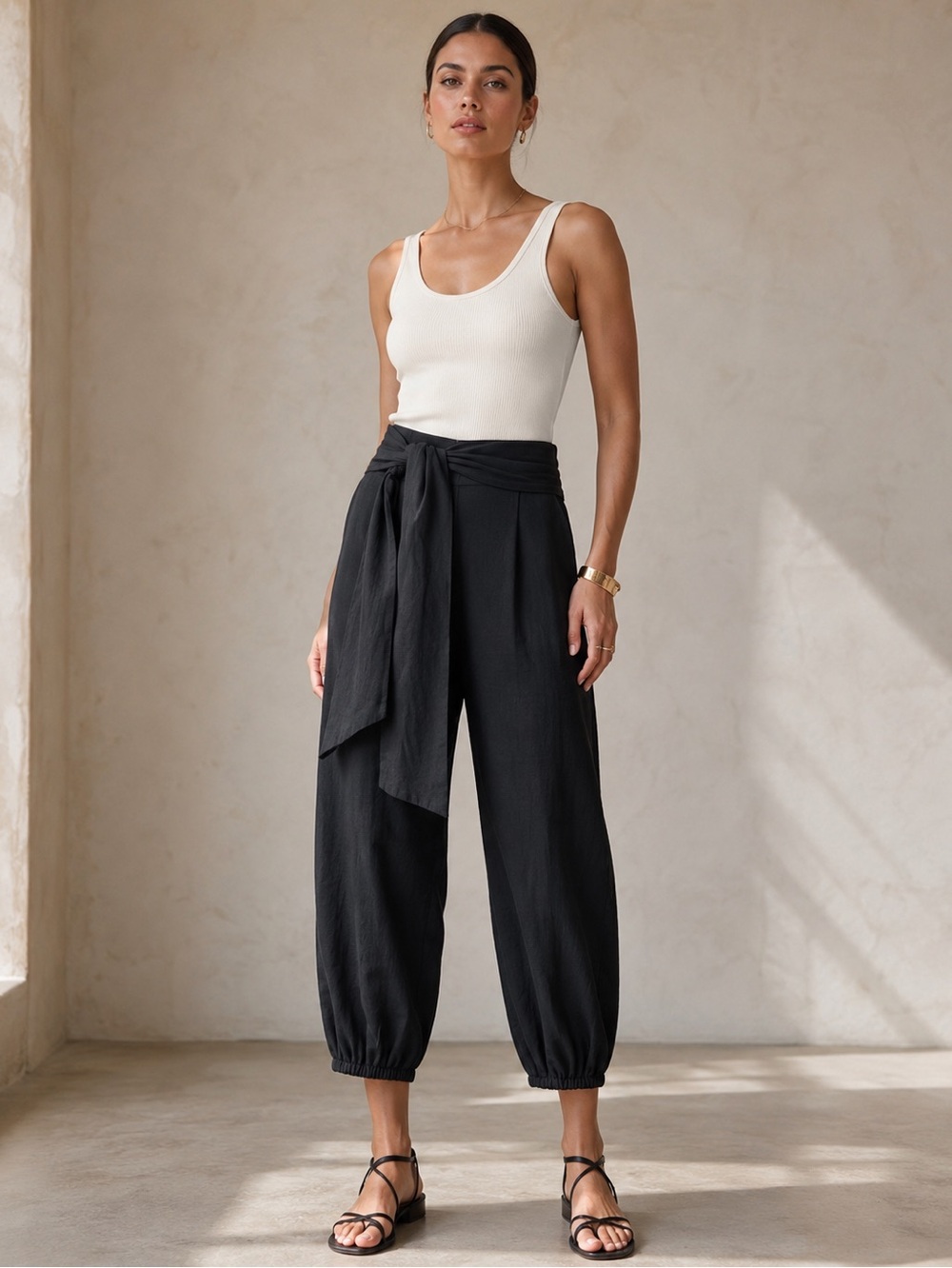 Alice + Olivia Braxton Linen Blend Crop Barrel Pants Tie Waist Black XS Resort